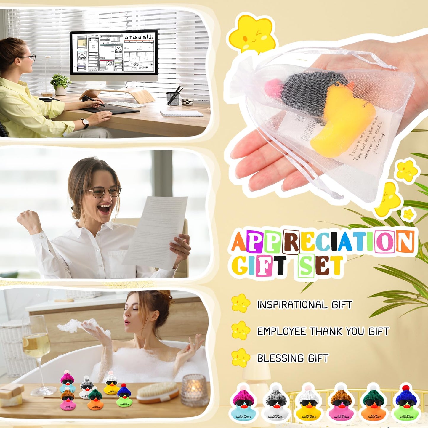 Liliful Employee Appreciation Gift Bulk For Coworker Inspirational Mini Rubber Ducks With Glasses You Are Awesome Sign You'Re Kind Cheer Up Card Thank You Gift For Staff Team Teacher Women