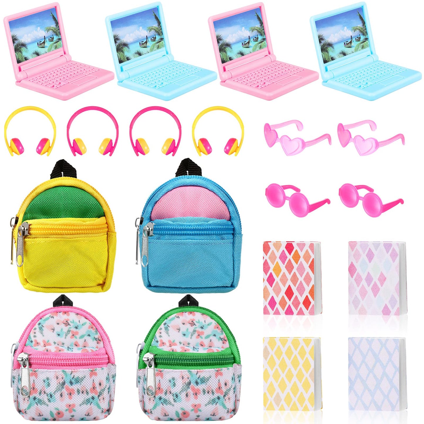 20 Pieces Doll Backpack Set Dollhouse School Accessories Doll Travel Supplies Include Mini Laptop Scene Simulation Backpack Bag