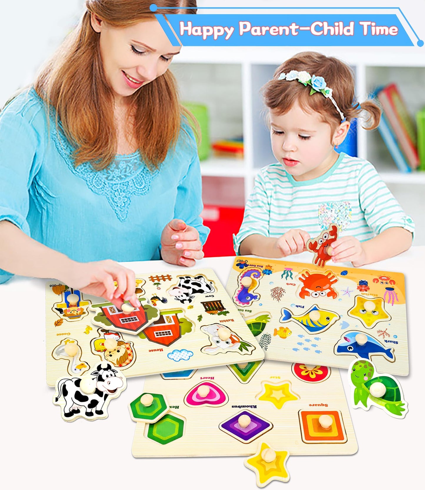 Wooden Peg Puzzles For Toddlers,Montessori Toddler Puzzles For Child,Fine Motor Skill Learning Puzzles Toys For Baby Boys Girls Gifts-6 Pcs Shape,Farm,Sea Animal,Dinosaurs,Fruits,Animals