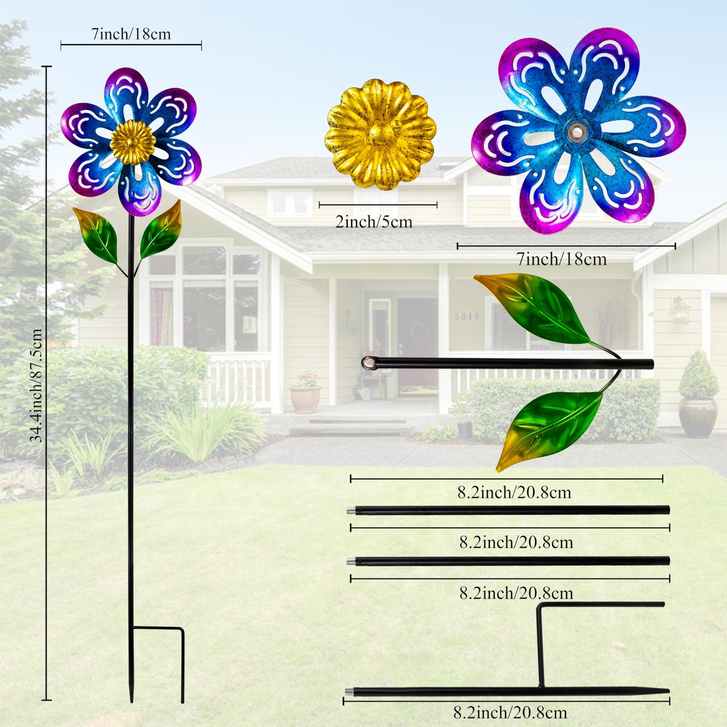 Viveta 2 Pack Wind Spinners,Flower Garden Sculpture, Metal Windmill, Green And Purple Pinwheels For Yard Lawn Patio Decor