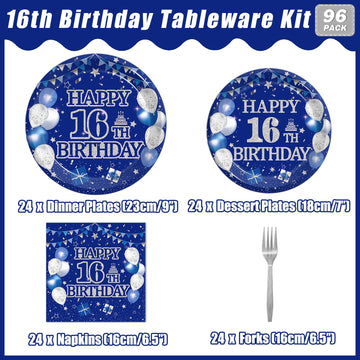 Kepeel 96Pcs 16Th Birthday Party Tableware Set, Blue And Silver Happy 16Th Birthday Party Decorations Supplies For Boys Girls 16