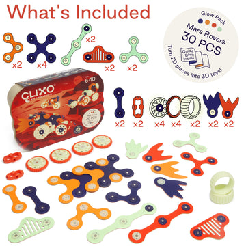 Clixo Mars Rover Pack - Glow-in-the-Dark Wheels Magnetic Building Toy, 30 Flexible Pieces, Medium, Multicolored, STEM Toy for Ages 6+