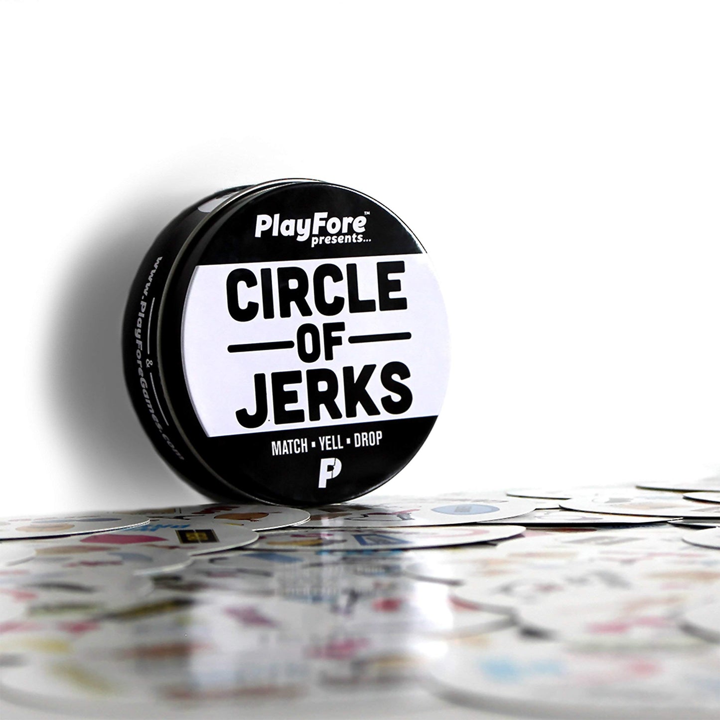PlayFore Games Circle of Jerks Card Game - Fast-Paced, Funny, Easy to Learn, Tin Can, Black and White