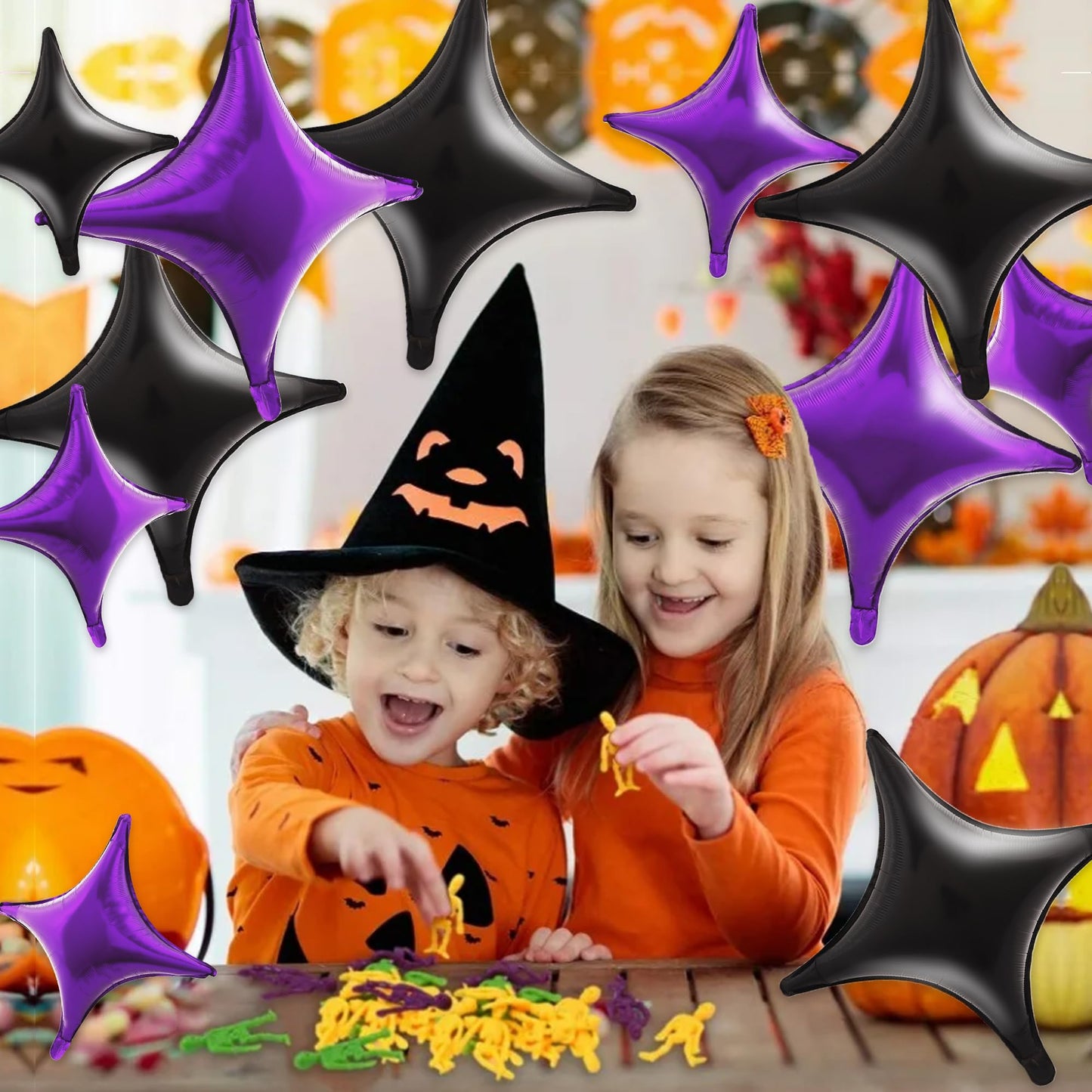 TONIFUL 30Pcs 26In&10In Star Balloons Black and Purple Four Pointed Foil Mini Star Mylar Balloons for Halloween Birthday Wedding
