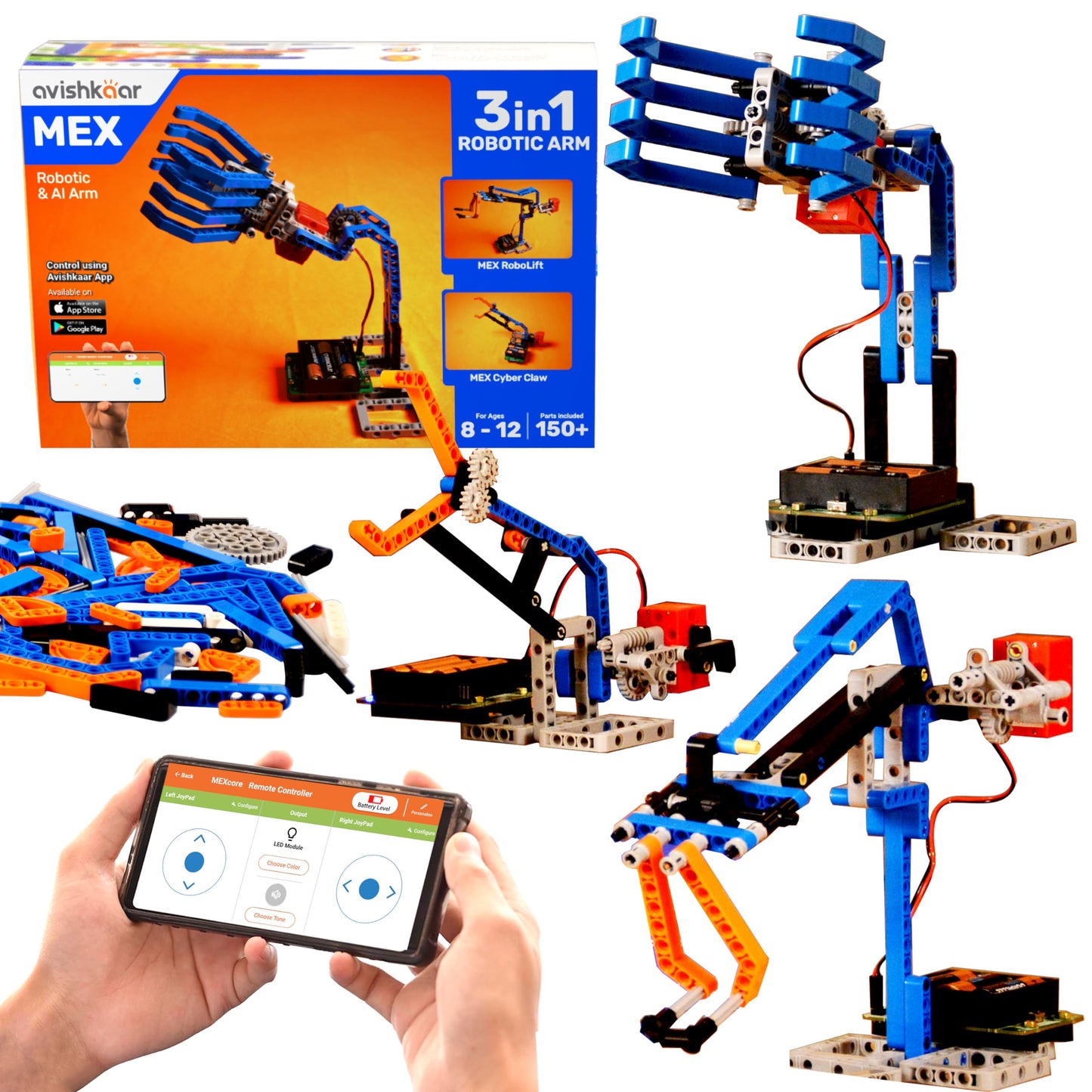 Avishkaar Mex Robotic Arm 3-In-1 Diy Robotics & Ai Science Kit, Robot Toys For Aged 8,9,10,11,12, Building And Construction Set