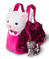 Stuffed Cat Plush Pet Carrier Set With Pink Purse W/ Reversible Sequins & Charm - Cat Stuffed Animals - White Cat Stuffed Animal