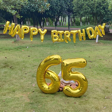SHUNTAI 65th Birthday Decorations - Gold Jumbo 65 Number Balloons & Happy Birthday Banner, Aluminum Foil for Men Women Party Supplies
