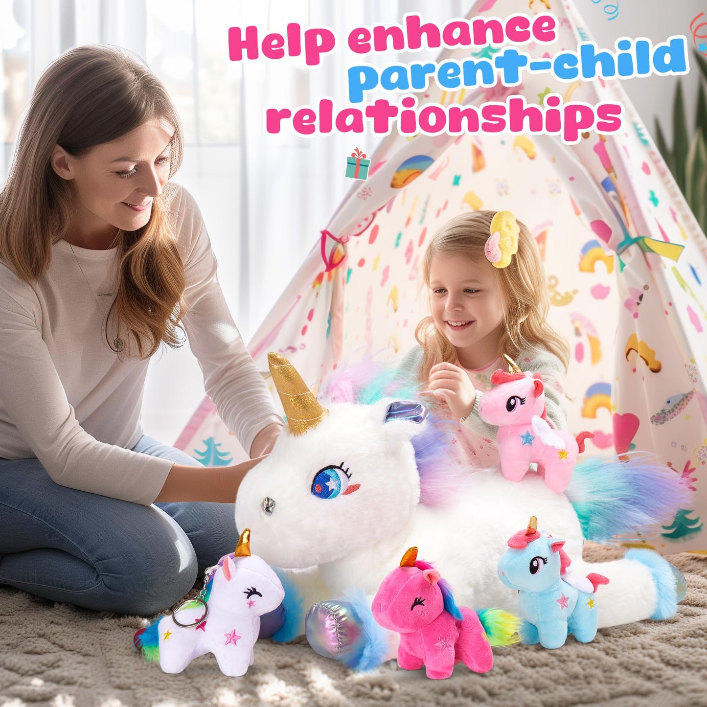 Wewill 19'' Rainbow Unicorn Stuffed Animal Plush Toys With 4 Cute Babies Unicorn Birthday Christmas Holiday Monther'S Day Gifts