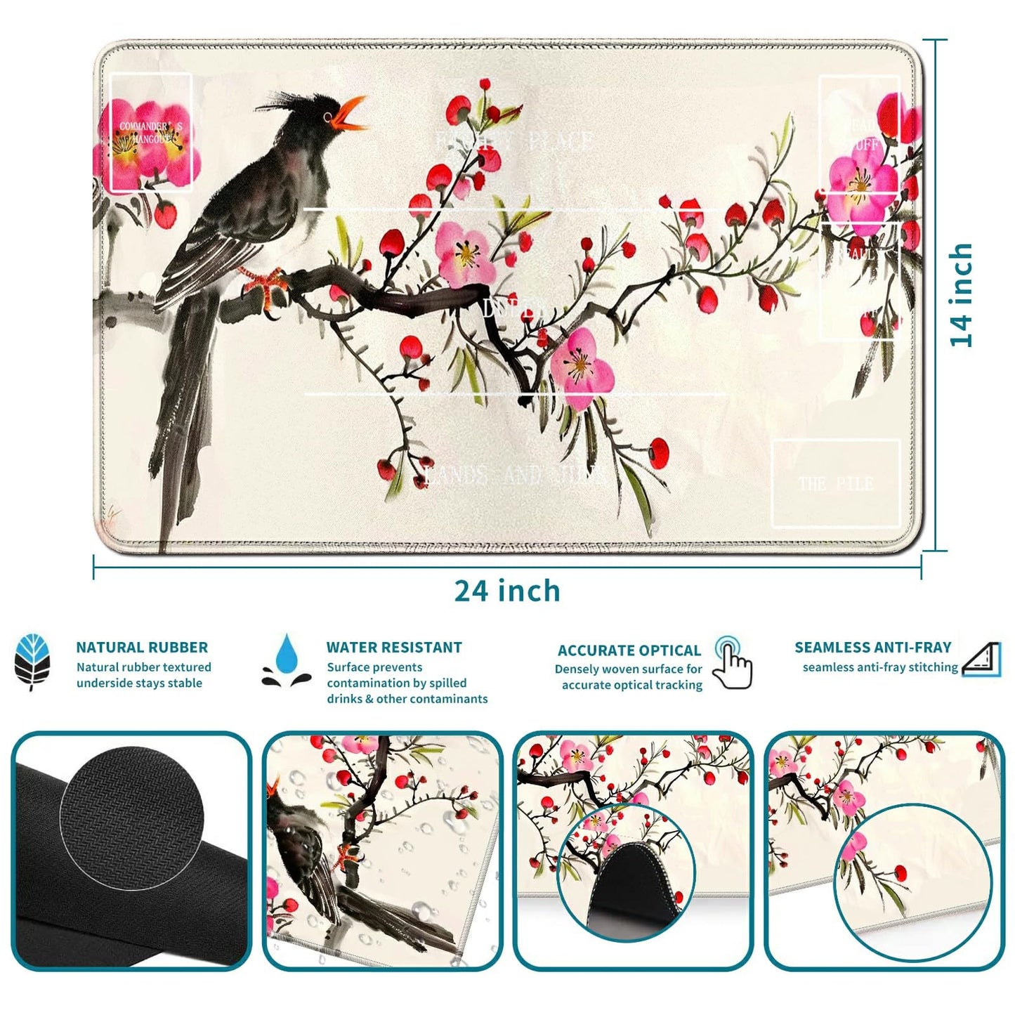 RWUTYTIUL Plum Bird Card Playmat 24 X 14 Inch with Tube Bag, Card Gameplay Playmat with Zones Commander Deck Board MTG RPG CCG T