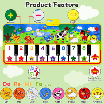 M SANMERSEN Piano Mat - Colorful Musical Dance Mat 53"x23" with 8 Animal Sounds, Fabric Toy for Kids 3-6 Years Old