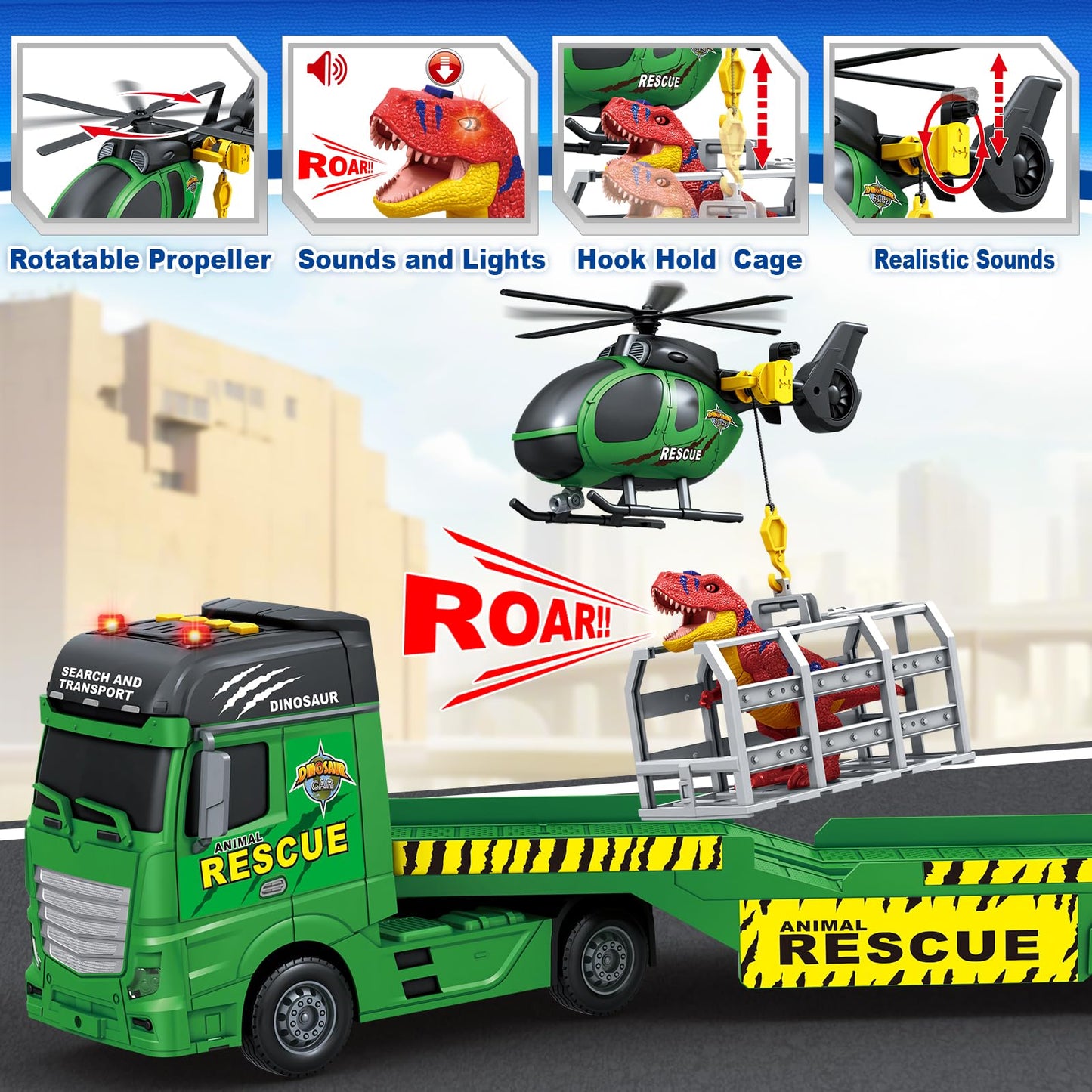 Toddler Boy Toys for 3 4 5 6 7 Years Kids, 23'' Semi Flatbed Truck Toy with a Dinosaure Truck, Friction Powered Vehicles Toys wi