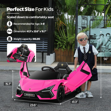 Elemara Licensed Lamborghini Ride On Car With Scissor Door,Electric Car For Kids With Remote Control,12V Kids Car With Bluetooth,Led Light,Mp3 Player And Wide Seat(Pink)