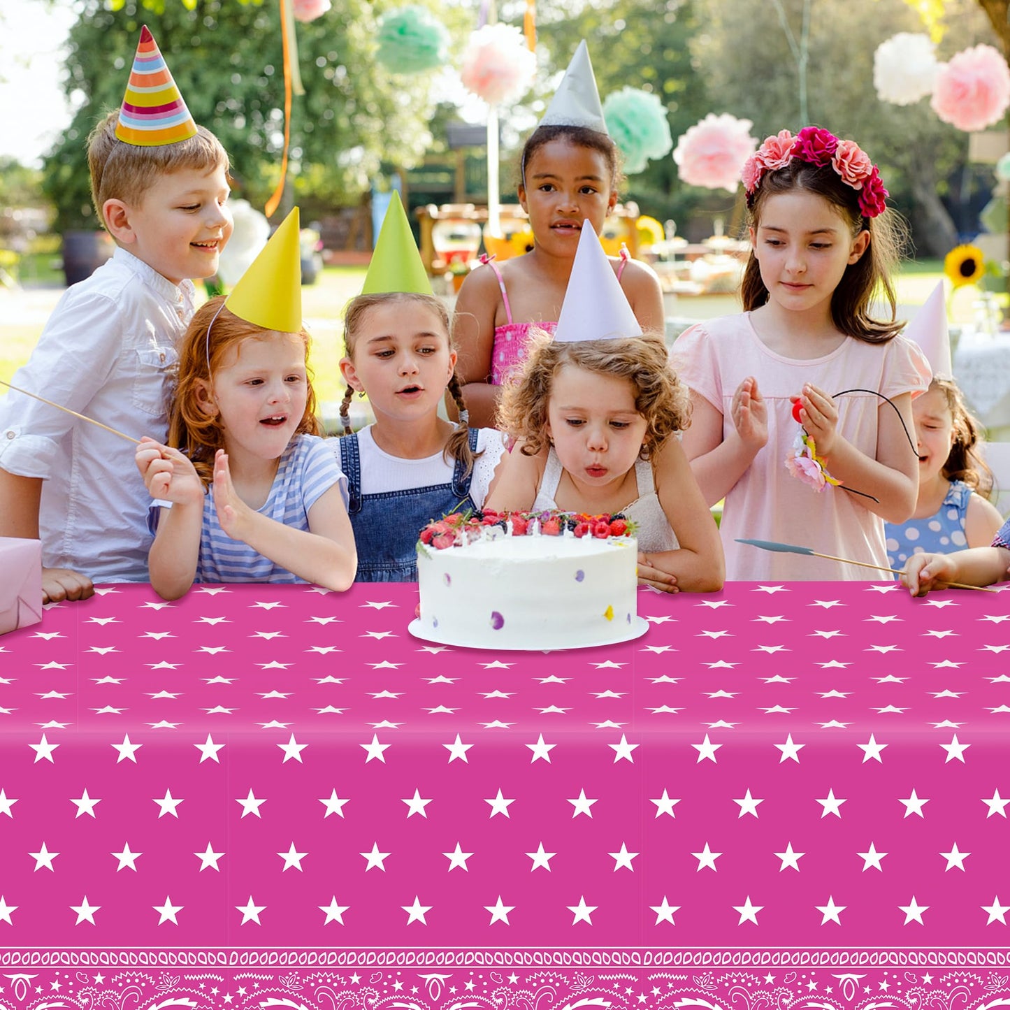 K1Tpde Pink Bandana Plastic 3Pcs Tablecloths, 87X51 Inches/ 9.8X7.2 Feet, Western Party & Cholo Theme Decorations, Pleated Corner Style, All-Season