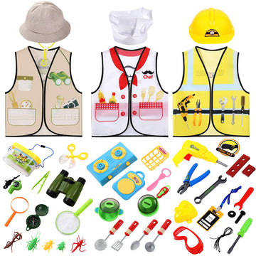 Deekin 3 Sets Kids Dress Up and Pretend Clothes with Plastic Toys for Toddler 3-7 Ages Role Play Construction Worker Chef Explorer Dress Up Vest for Boys Girls Costumes Accessories Play