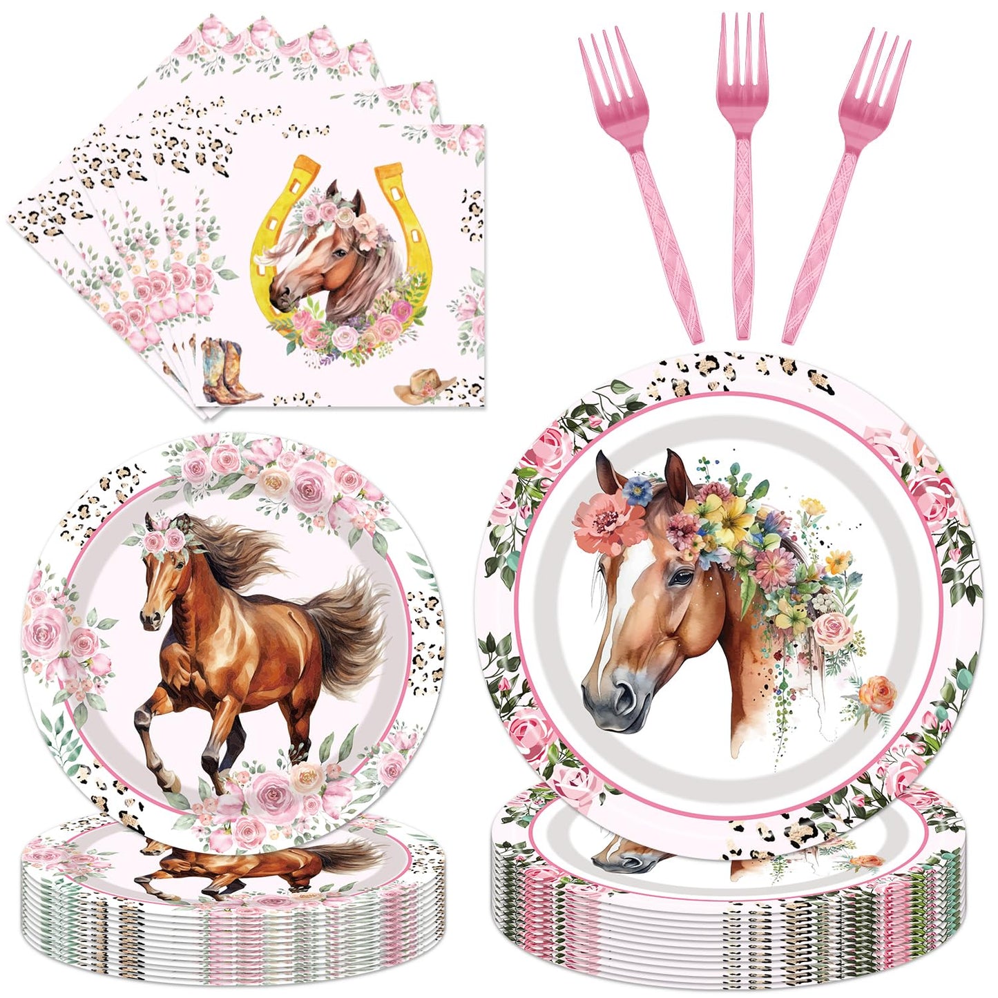 Horse Birthday Party Supplies Tableware - 96 Pcs Cowgirl Birthday Party Decorations, Horse Themed Party Paper Plates And Napkins