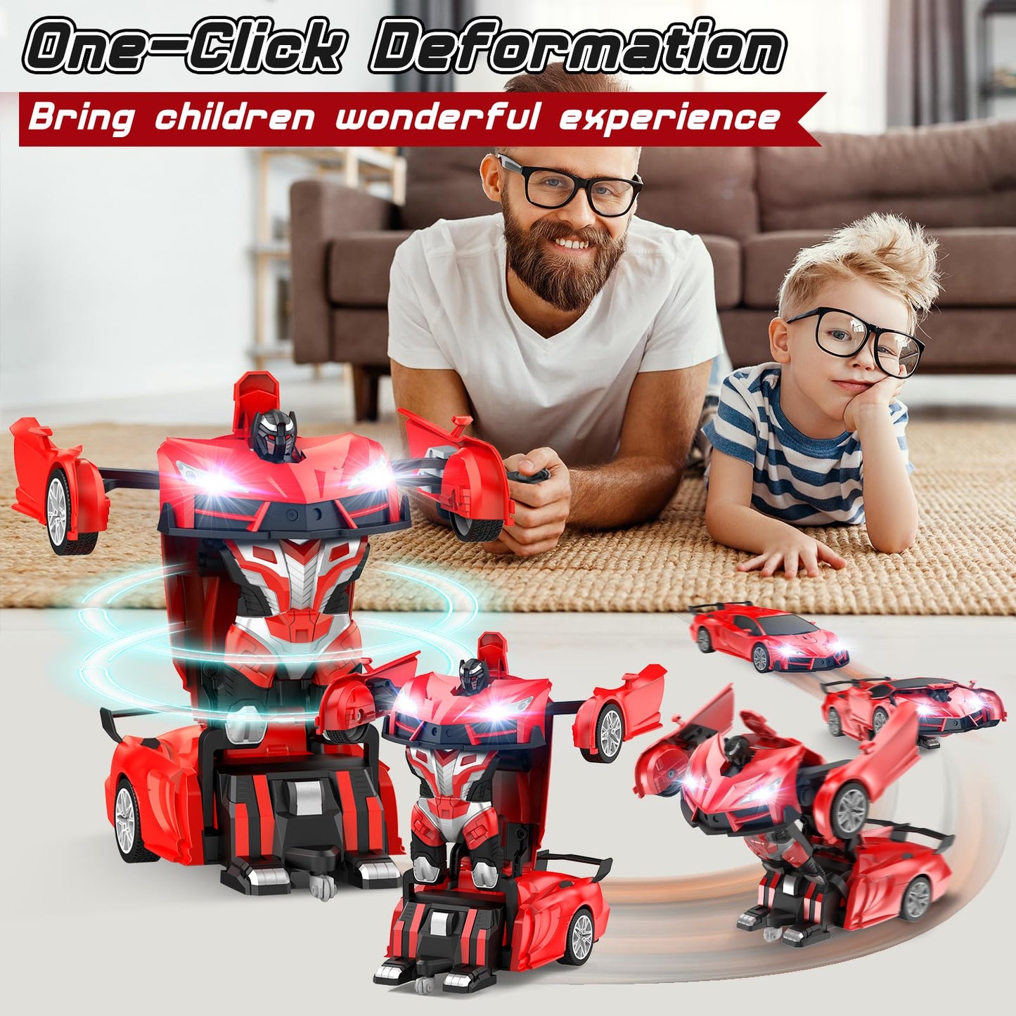 Qumcou Remote Control Car,Transform Robot RC Cars with Cool LED Headlights, 2.4Ghz Toys Car with 360 Degree Rotation and One-But
