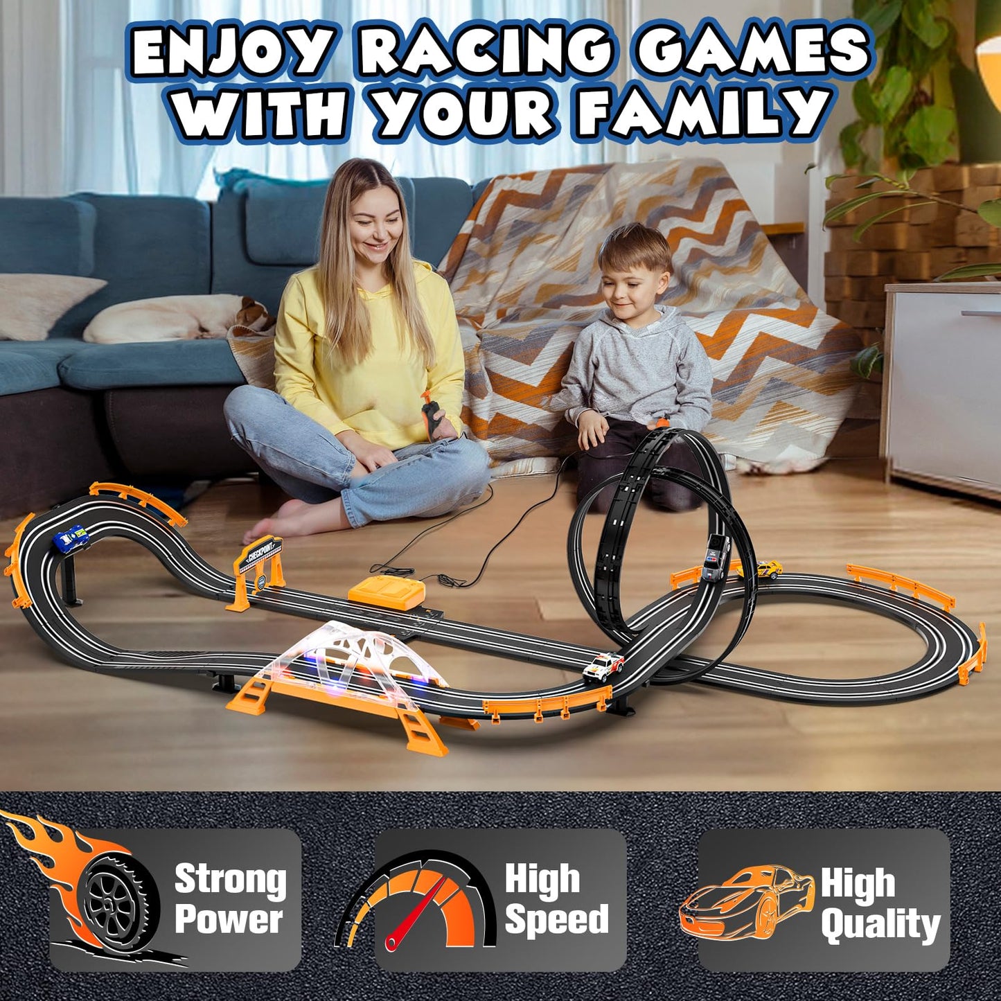 Slot Car Race Track Sets With 4 Slot Cars, Electric Race Car Track Include Slope Circular Overpass Track, Dual Racing Game Featuring Flash Bridge And Pendulum, Gifts Toys For Boys Kids Age 6 7 8-12