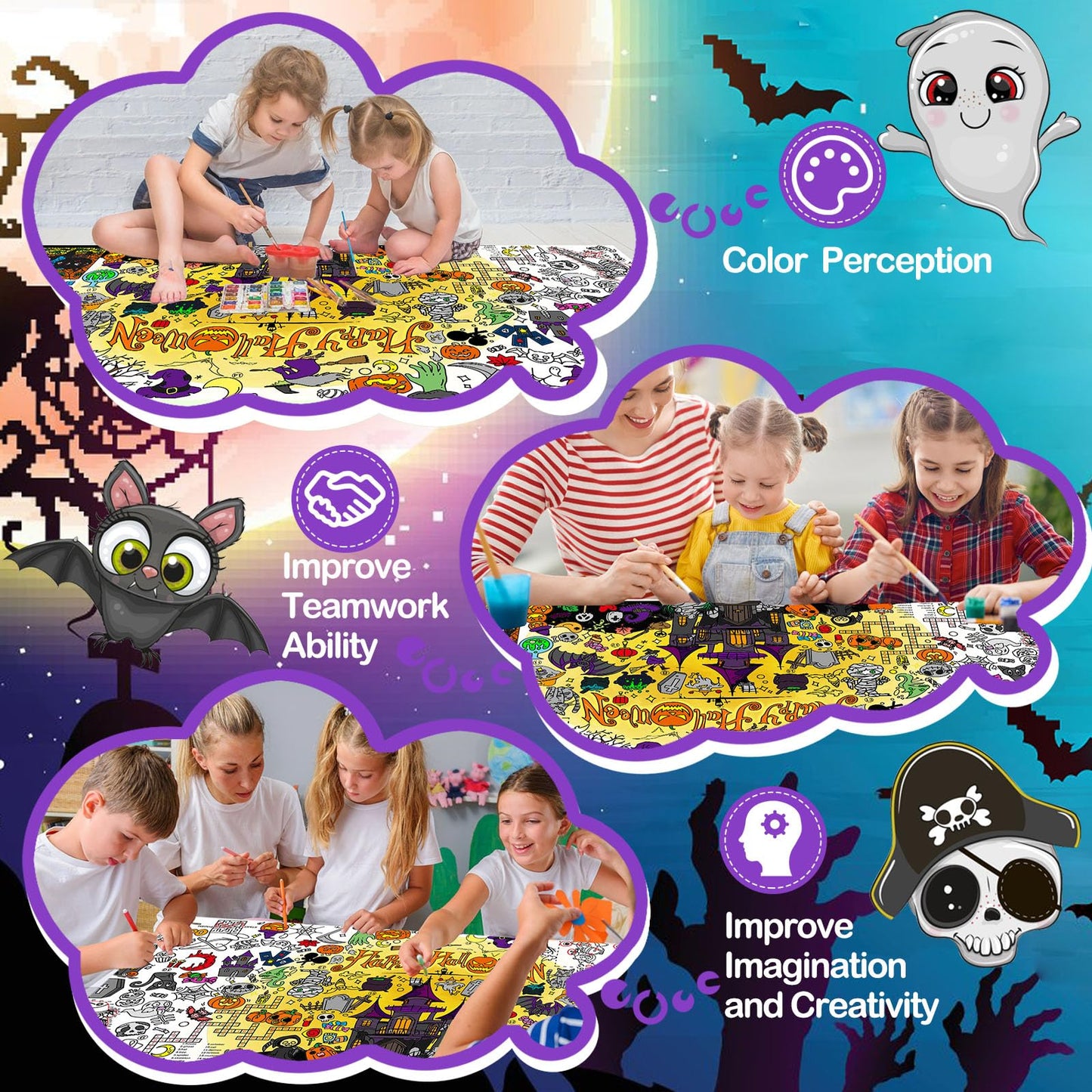 Padtic Halloween Giant Coloring Poster,35X72 Inches Large Drawing Paper Coloring Tablecloth,Diy Halloween Art Crafts Coloring Ta