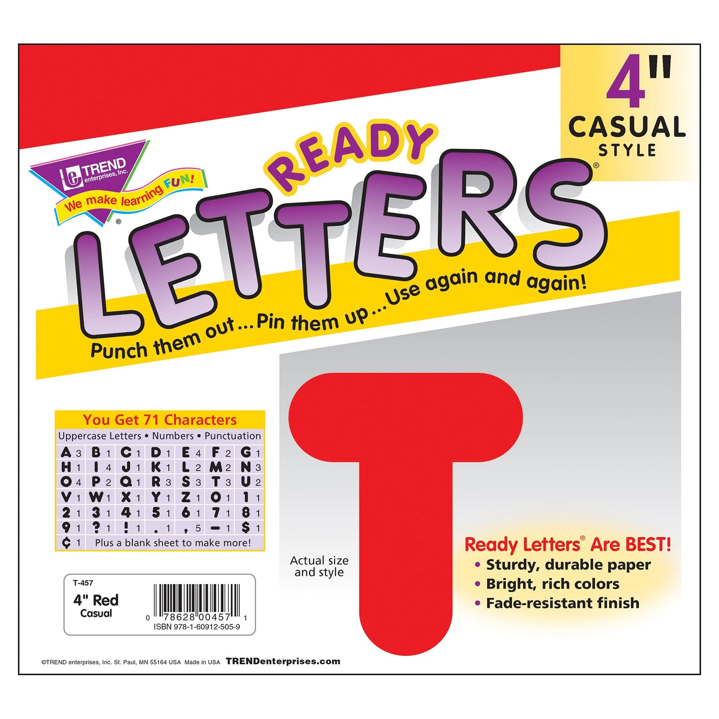 Trend Red 4'' Casual Uppercase Ready Letters, 6 Packs