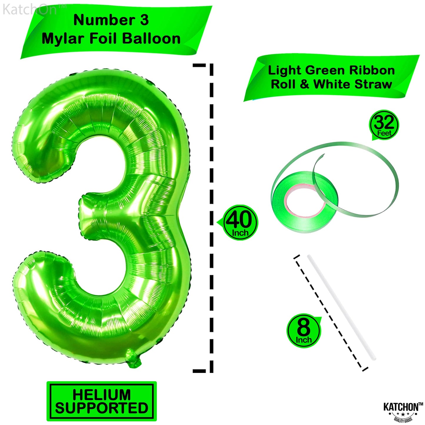 Katchon, Light Green Number 3 Balloon - 40 Inch | Green 3 Balloon Number For Three Rex Birthday Decorations Boy | Green Three Balloon For Dinosaur Birthday Party Supplies | 3Rd Birthday Decorations