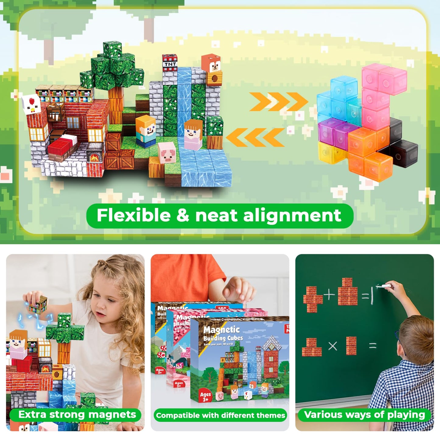 Magnetic Blocks-150Pcs Grassland Magnetic Building Blocks Set, Kids Classroom Sensory Toy For Toddlers Stem Learning, Constructi
