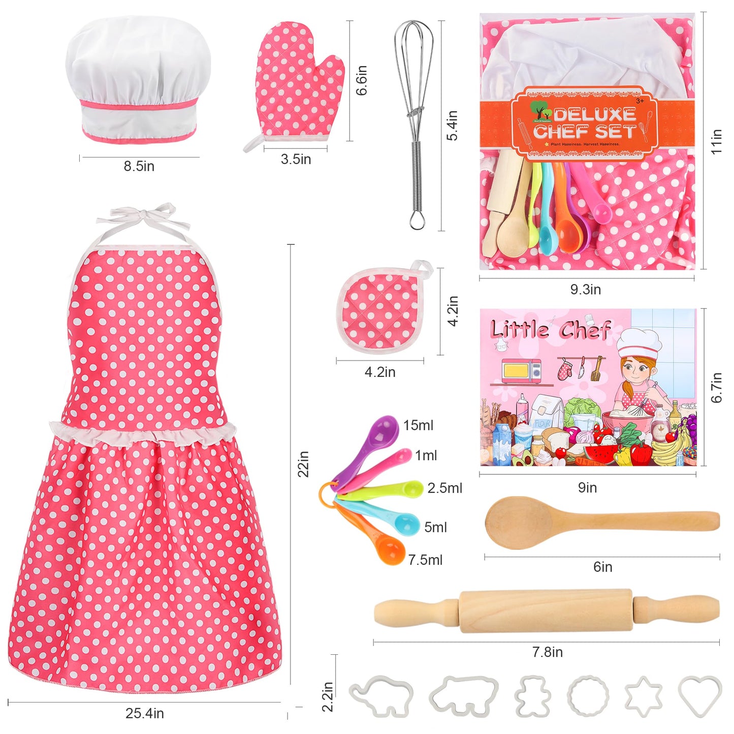 Kids Cooking Baking Set 19Pcs, Kids Chef Role Play Costume Set - Chef Hat and Matching Pink Apron Children Dress up Pretend Gift