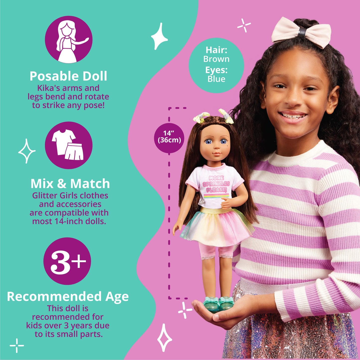 Battat Glitter Girls 14' Doll Kika - Brown Hair, Blue Eyes, Ice Cream Outfit & Accessories - Ages 3+, Pink