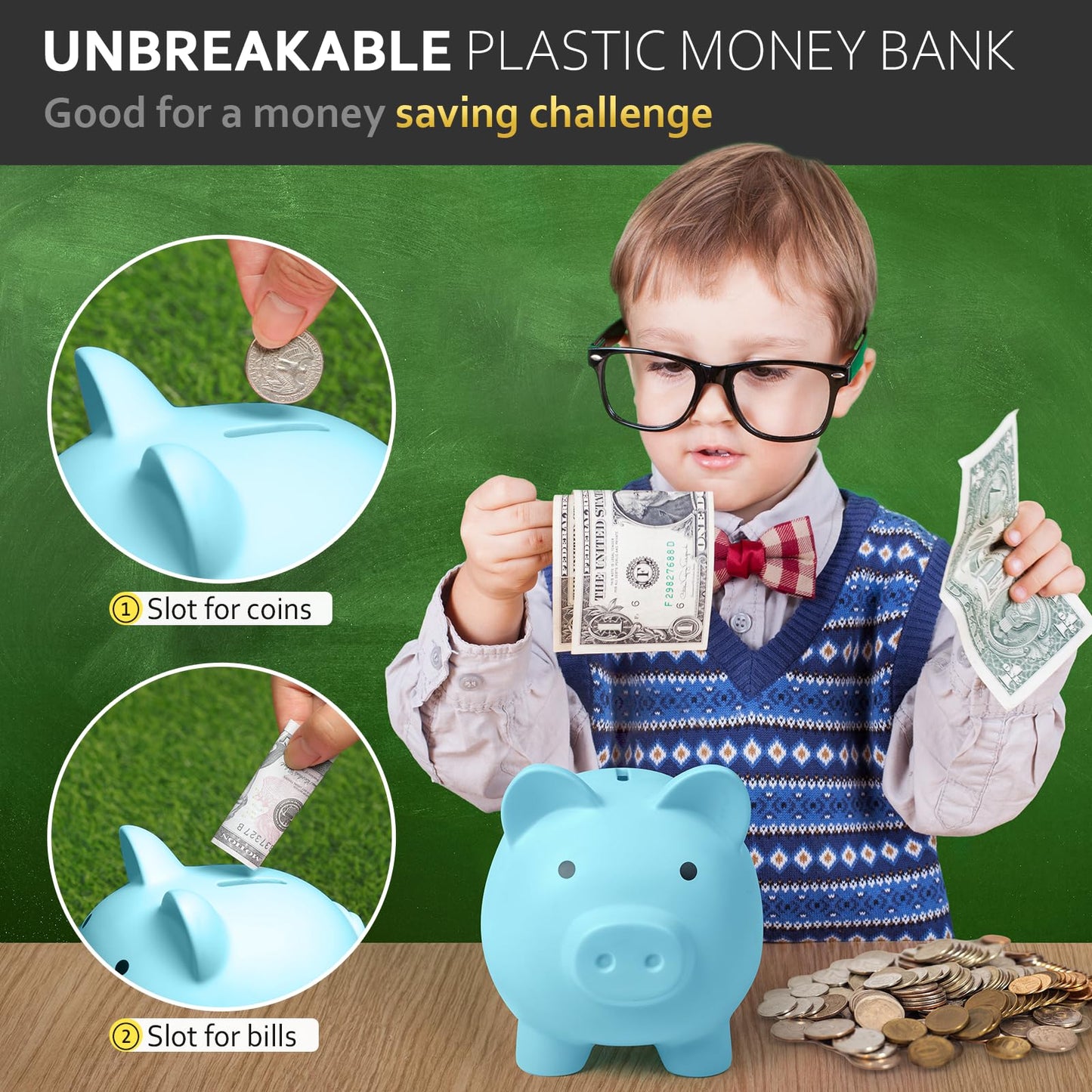 Piggy Bank For Kids Adults, Vcertcpl Unbreakable Plastic Piggy Bank Coin Bank Money Saving Box For Cash Saving, Kids Bank Money Jar Adults, Piggy Bank For Boys Girls, Gift Toys Banks For Kids (Blue)