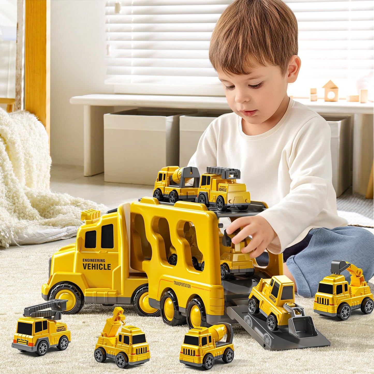 JUKUDAHU 7-in-1 Construction Truck Toys Sets for 3 4 5 6 Years Old Boys - Engineering Toys for Kids, Carrier Truck Toys for Boys