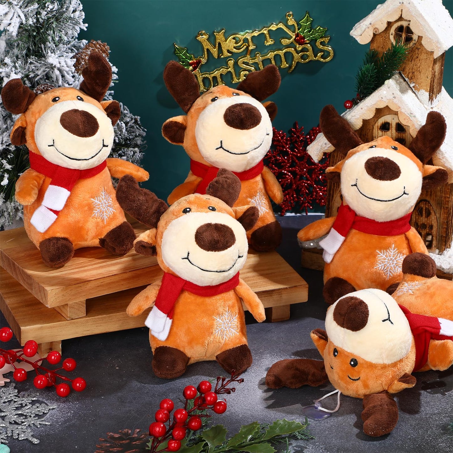 Liliful 16 Pack 8 Inch Stuffed Deer Toys, Xmas Plush Elk With Red Scarf, Stuffed Animal Gifts For Boys Girls, Christmas Decorati