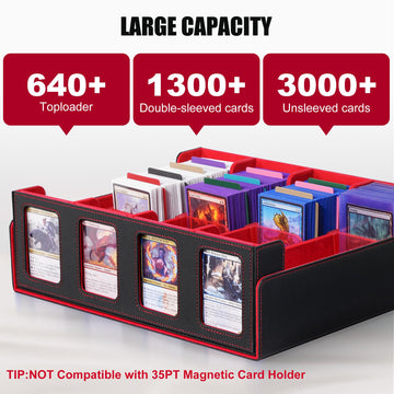 Kabinka Trading Card Storage Box with Commander Display 4-Row Deck Case with Removable Lid; 2400+ Card Deck Box for MTG TCG Sports Card 4 Toploaders 4 Stoppers 24 Dividers 1 Dice Bag (Black Red)