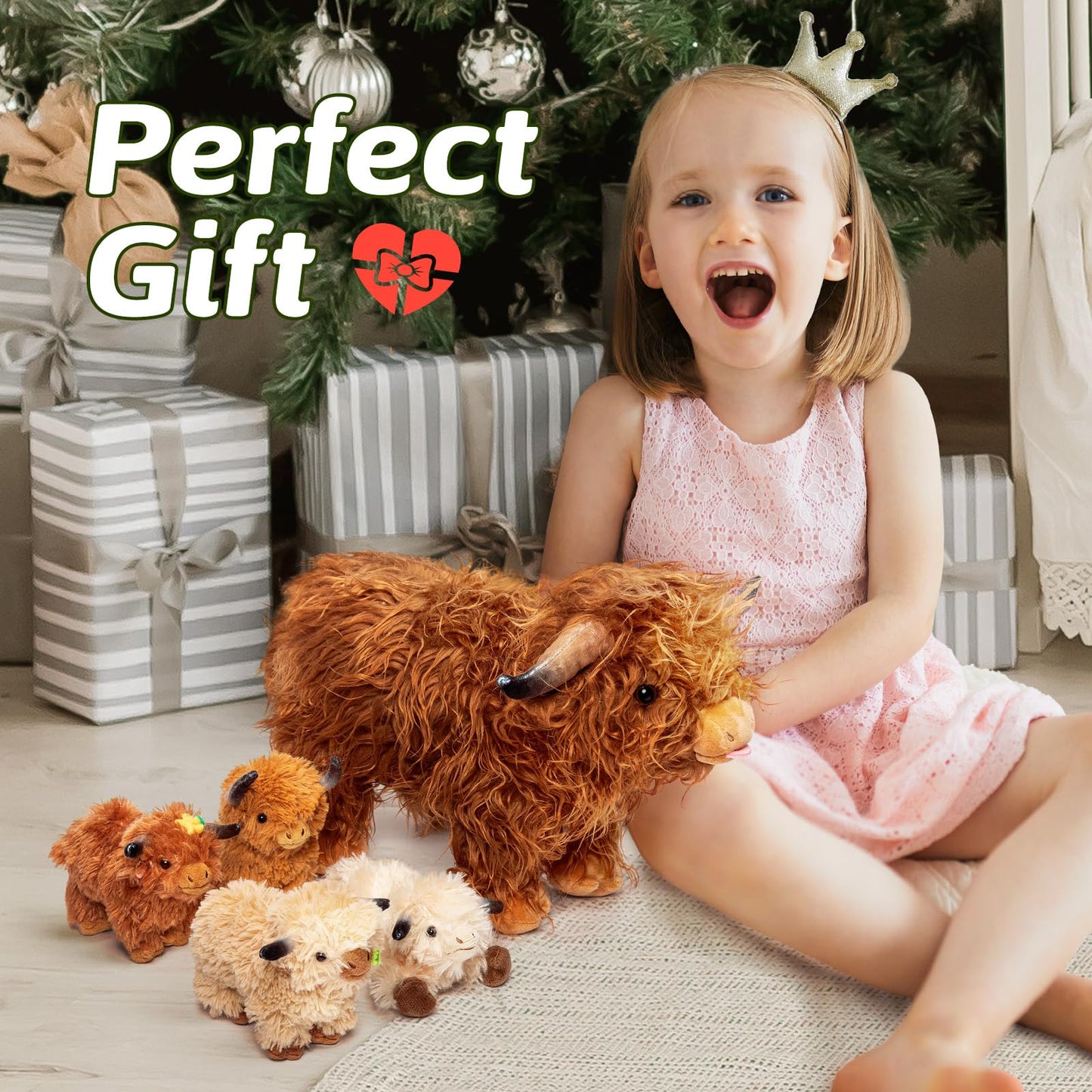 OUOZZZ Highland Cow Plush Toy - Large Fluffy Stuffed Animal with 4 Baby Calves - Travel-Friendly Gift for Kids 14.5"
