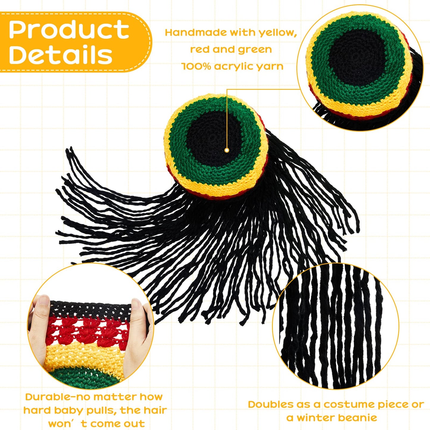 Geyoga Rasta Hat With Long Black Hair Funny Rasta Wig Beanie Jamaican Dreadlocks Wig Hat For Children'S Costume Headwear Accesso