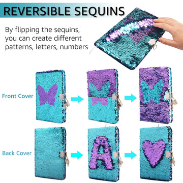 Vipbuy Magic Reversible Sequin Notebook Diary Lined Travel Journal With Lock And Key For Women Girls, Size A5 (8.5” X 5.5”), 78 Sheets (Butterfly Diary)