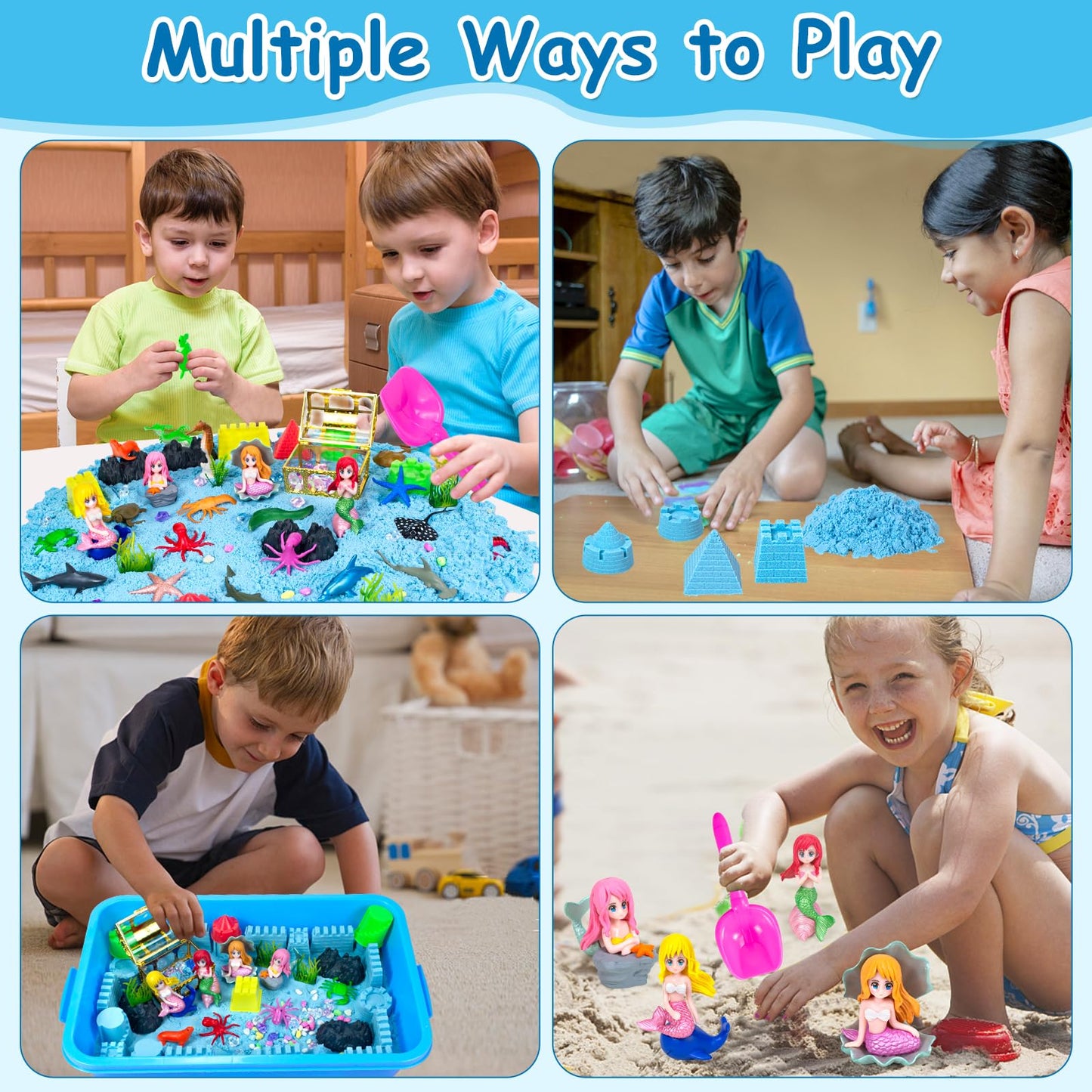 Tcvents Sensory Bins, Ocean Mermaid Sensory Bin Toys Sand Box for Kids Ages 3 4 5 6 7 8 9 Include 2.64lbs Magic Sand, 6 Castle M