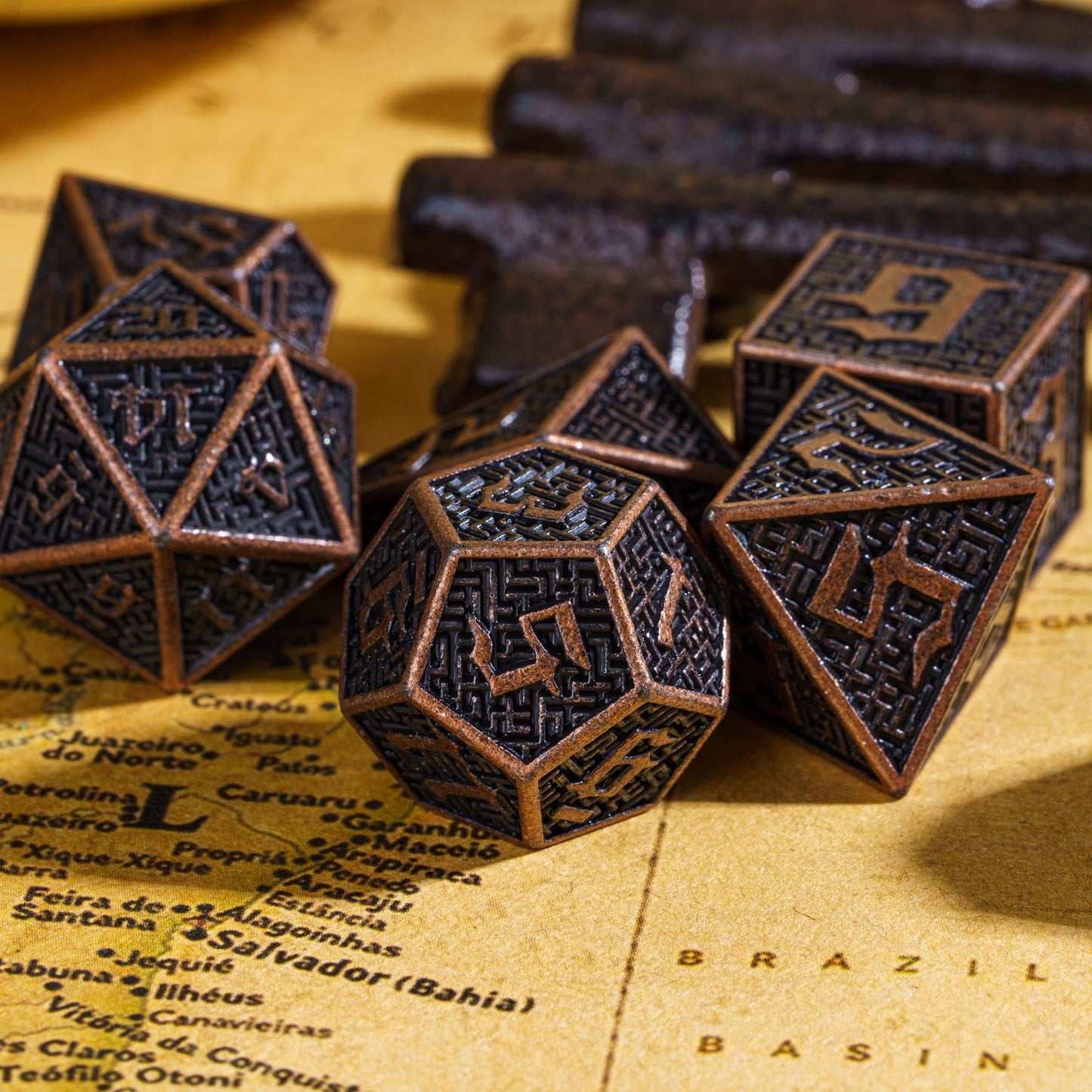 Udixi Metal Dnd Dice Maze Carved D&D Dice Set 7Pcs Copper Metal Dice With Leather Pouch For Dungeons And Dragons Role Playing Ga