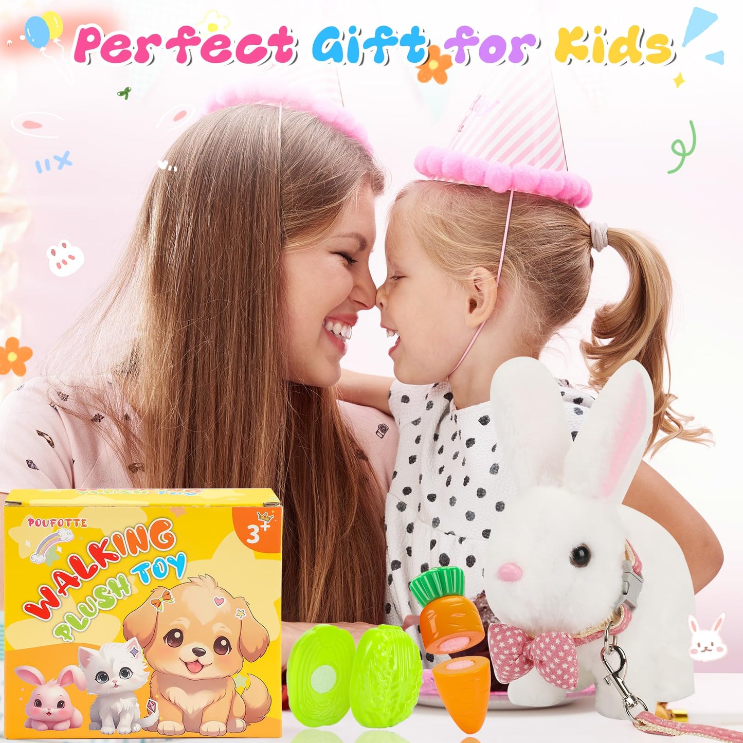 Bunny Plush Toys,Electronic Walking Plush Toys with Sounds,Wiggling Ears,Twitching Mouth,Leash,Interactive Rabbit Toys for Kids