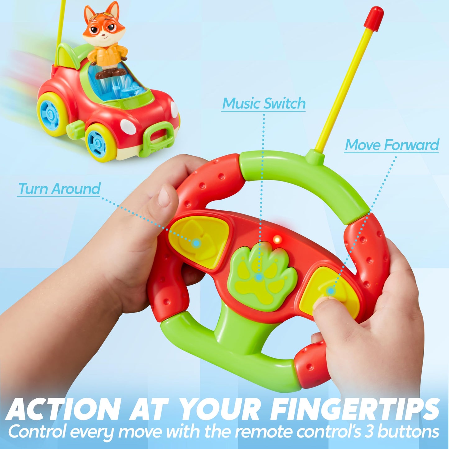 Remote Control Car for Toddlers, 2 Pack RC Cars with Figure Bump & Ejection Play, Kids Cartoon Toys with LED Lights, Music, Volu
