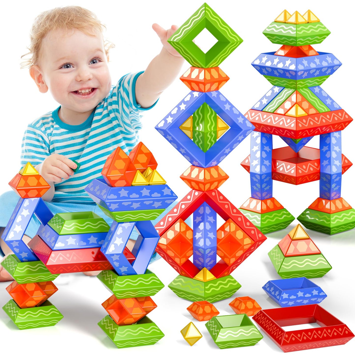 Doloowee Montessori Toys For Toddler1-3 3-5,60 Pcs Stacking Building Toys Blocks Preschool Learning Activities Stem For Boys Gir