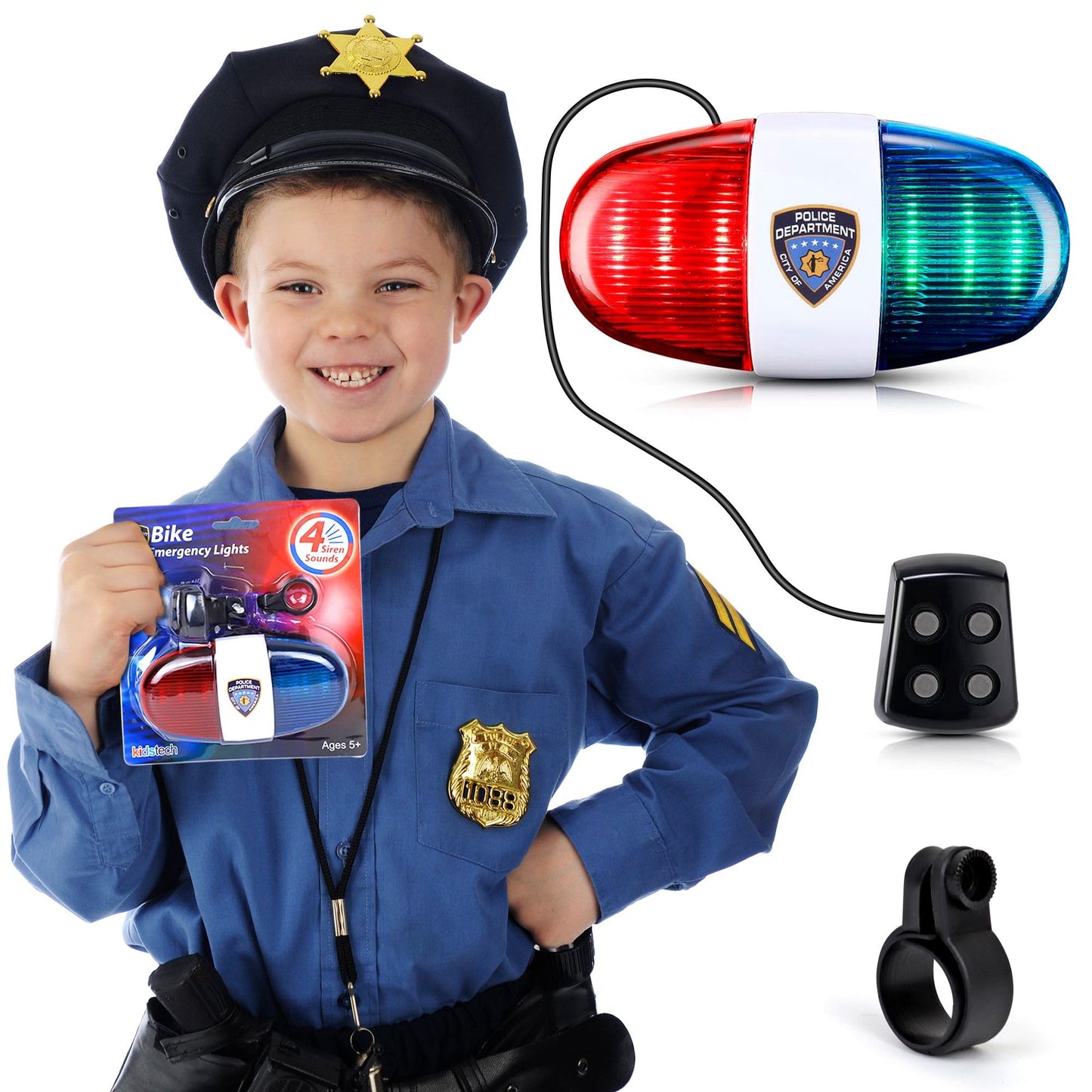 Bike Lights for Kids with Sirens, Police Pretend Play Toy, Safety Light Bicycle Accessories, Waterproof, (Now with Softer Sounds