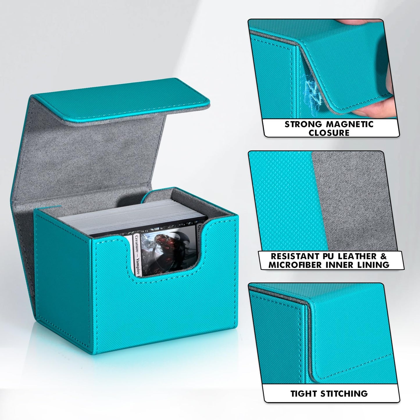 Zlca Card Deck Box For Trading Cards, Mtg Commander Deck Box Holds 120+ Single Sleeved Cards, Leather Magnetic Card Storage Box Fits For Tcg Ccg Magic Cards (Turquoise)