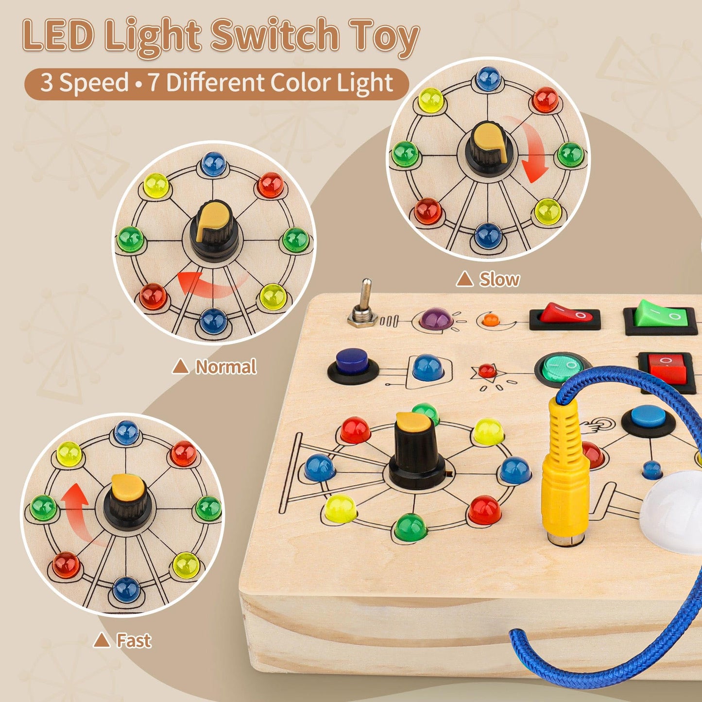 Hikoshi Montessori Busy Board For Toddlers 1-3 - Sensory Led Light Switch Busy Board Toy, Wooden Montessori Travel Toys For Toddler 1 2 3 4 Years Old Boys Girls