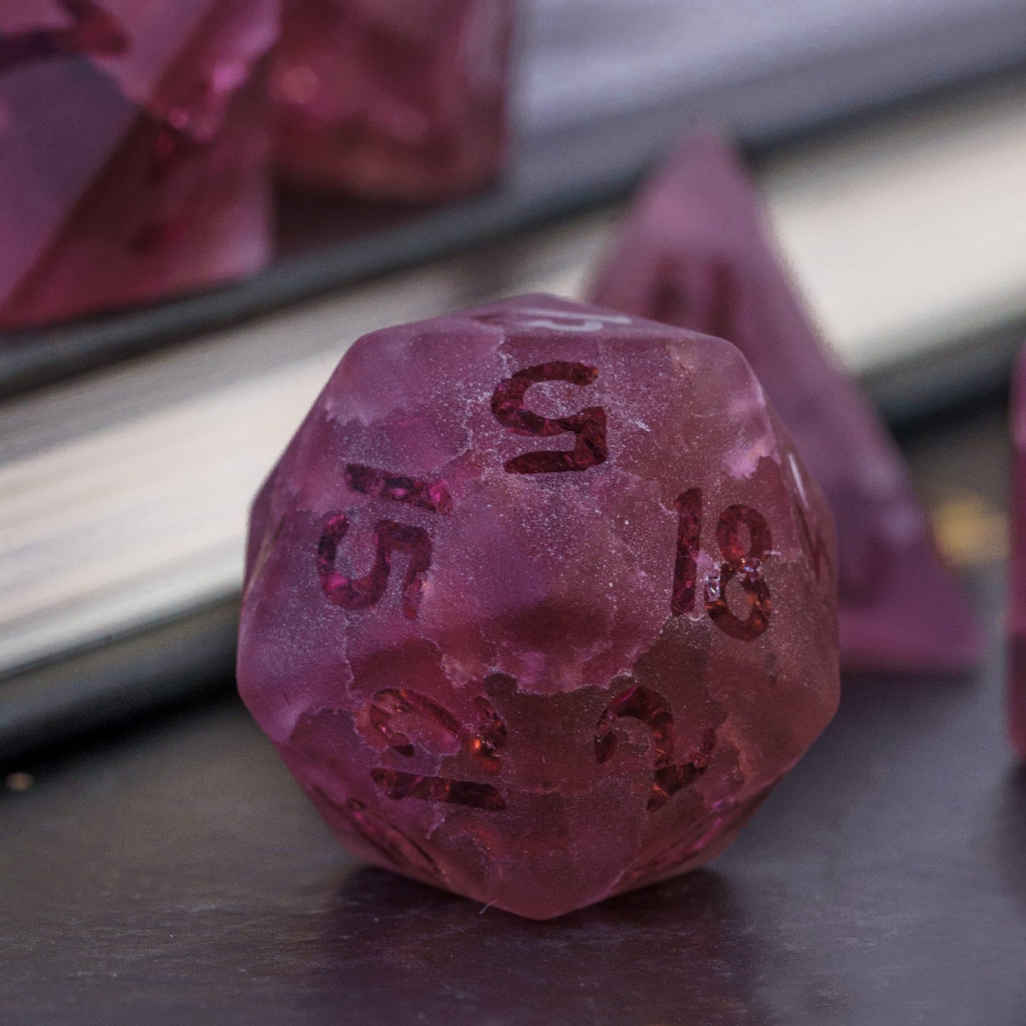 Udixi Pink Cracked Glass Dice Set D&D, 7 Piece Glass Polyhedral Dnd Dice For Dungeons And Dragon Tabletop Game