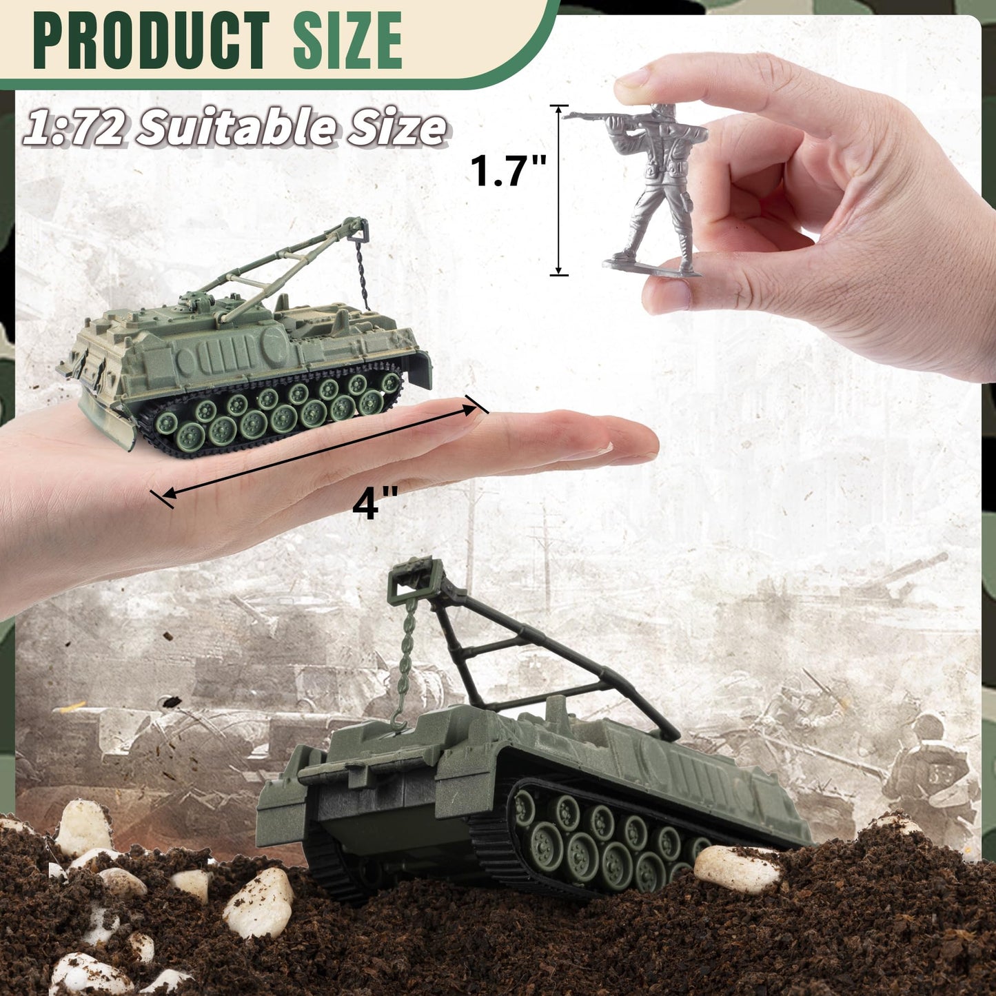 Maozyhomie Army Tank And Army Men Toys Playset, 2Pc 1:72 Us Tank-4 Models & 10Pc Toy Soldiers, Olive Drab Green Ww2 Military Veh