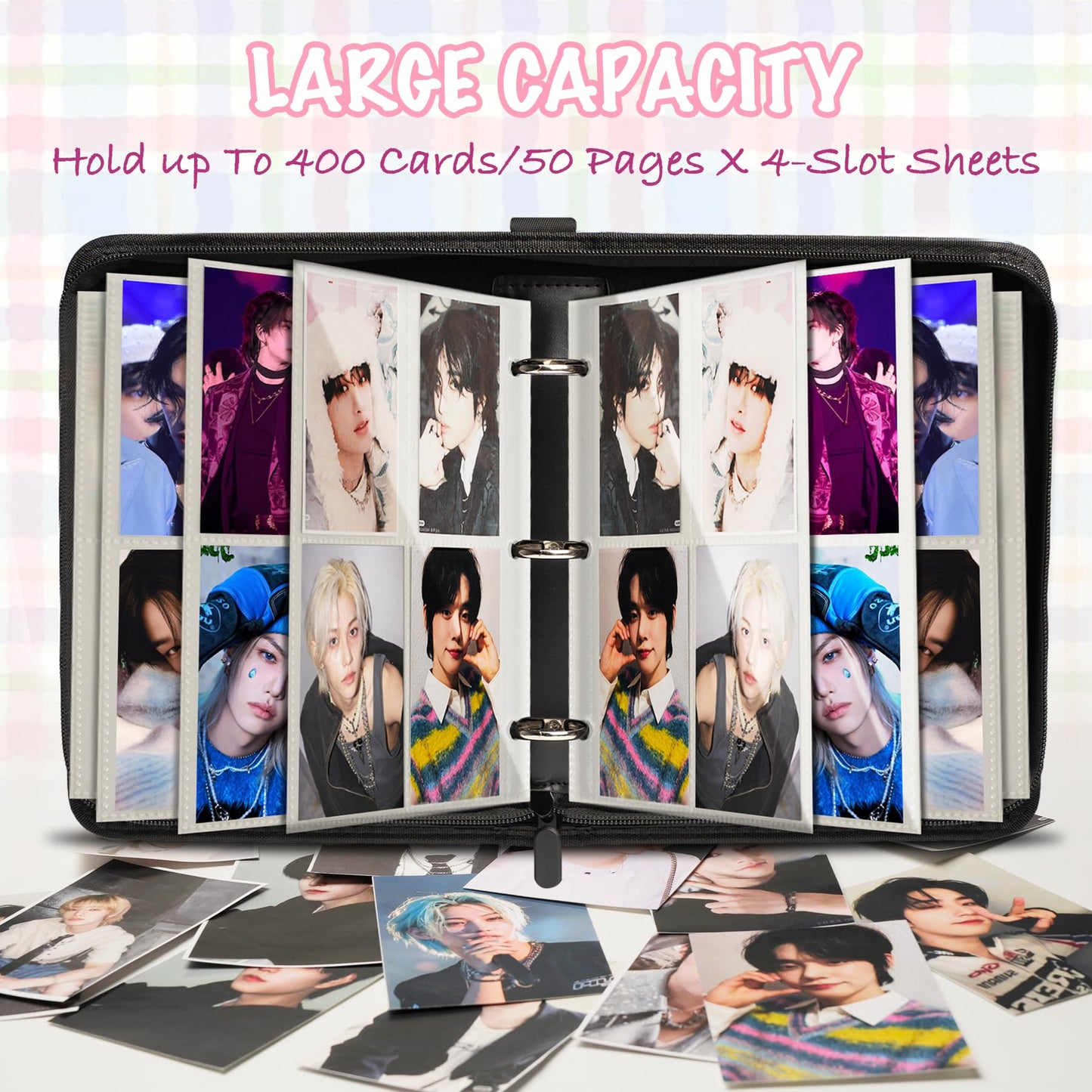 Aldervine Kpop Photocard Binder - A5 Pink PU Holder for Stray Kids Cards with 400 Sleeves