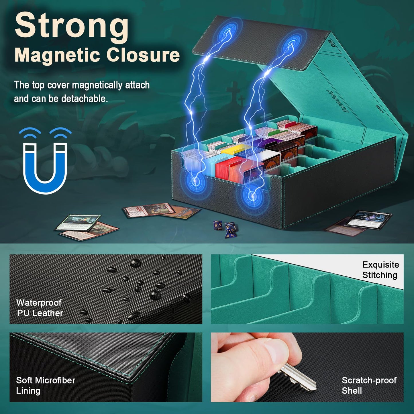TiMOVO Trading Cards Storage Box, 3800+ MTG Card Deck Box with 24 Colorful Dividers & 5 Card Supporters, 5 Rows Magnetic Leather
