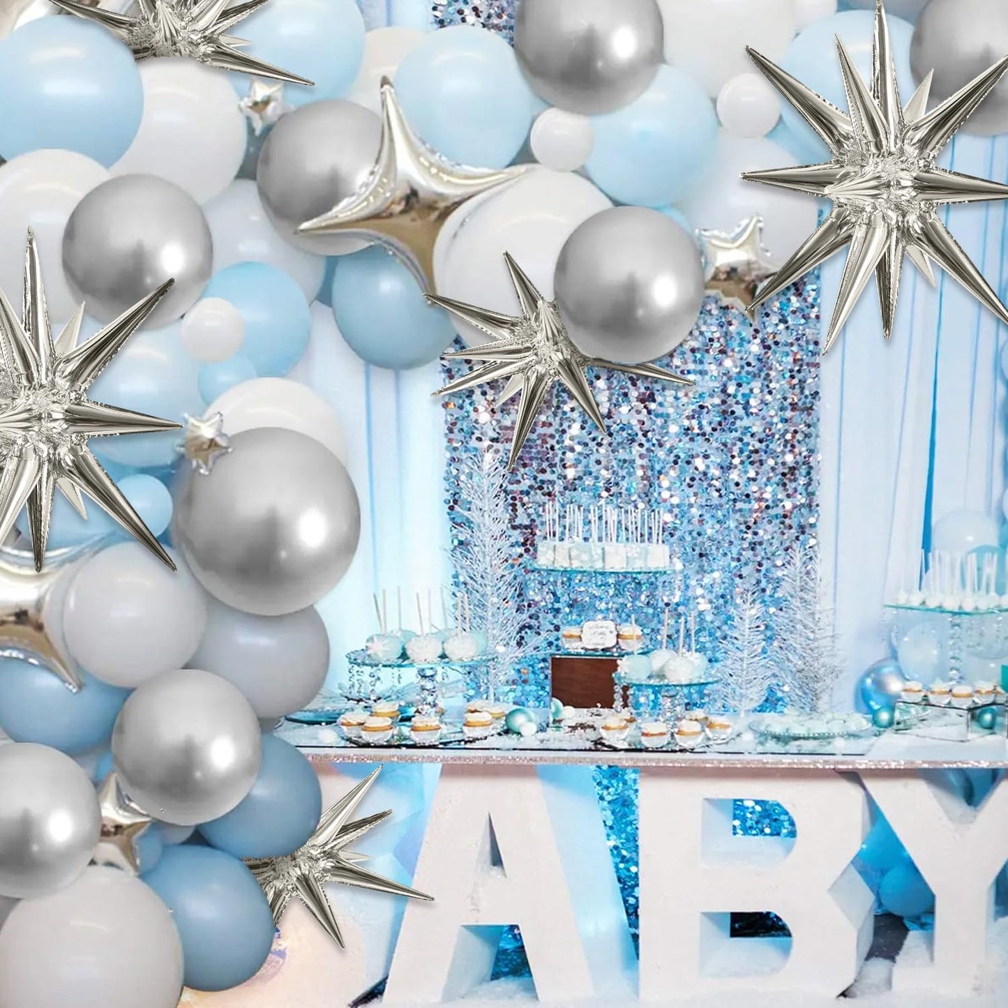 Toniful 8 Pcs Silver Star Foil Balloons Large Star Balloons Silver Explosion Star Mylar Balloons For Party Backdrop Christmas Ne