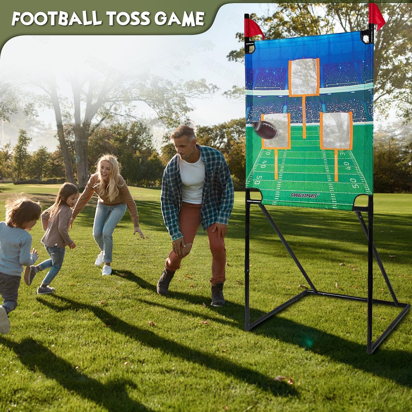 GOODLYSPORTS Football Toss Game - 66" Target with 4 Inflatable Balls, PVC, Green/Blue/Black, Model 8004, Perfect for Kids & Adults