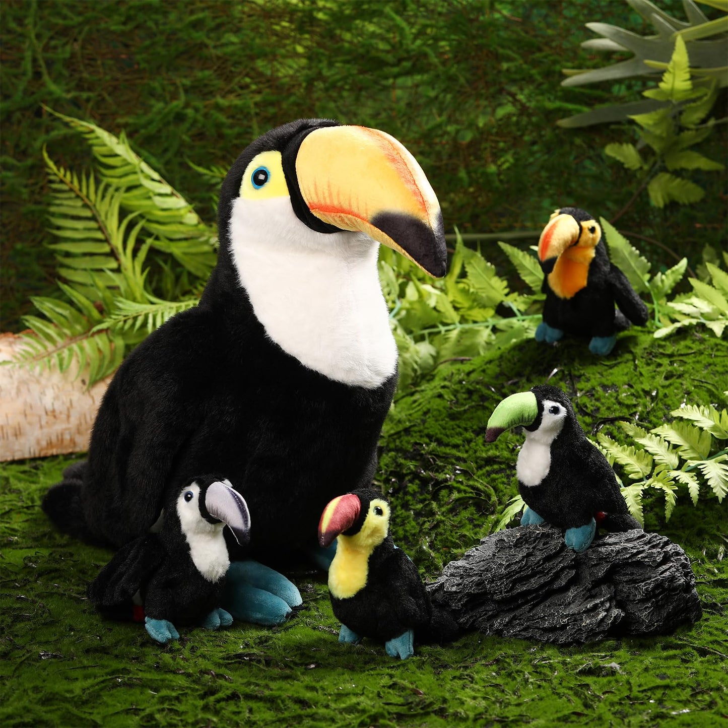 Hydren 5 Pcs Toucan Plush Stuffed Animal Black Bird Stuffed Animal Toy 14 Inch Large Realistic Mommy Bird With 4 Small Babies Pl