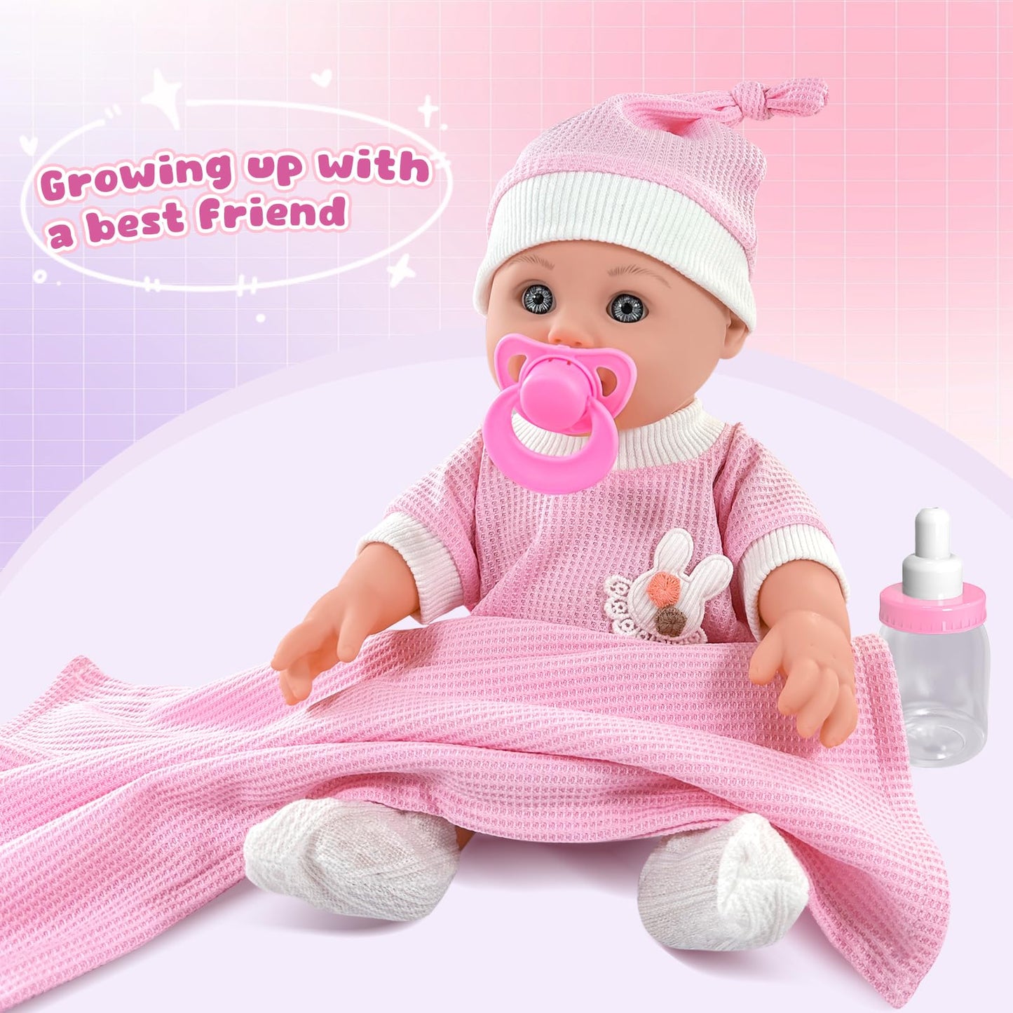 12'' Baby Doll For Toddlers 1-3, Baby Doll Set With Accessories Includes Pink Clothes, Pacifier, Feeding Bottle, Blanket, First
